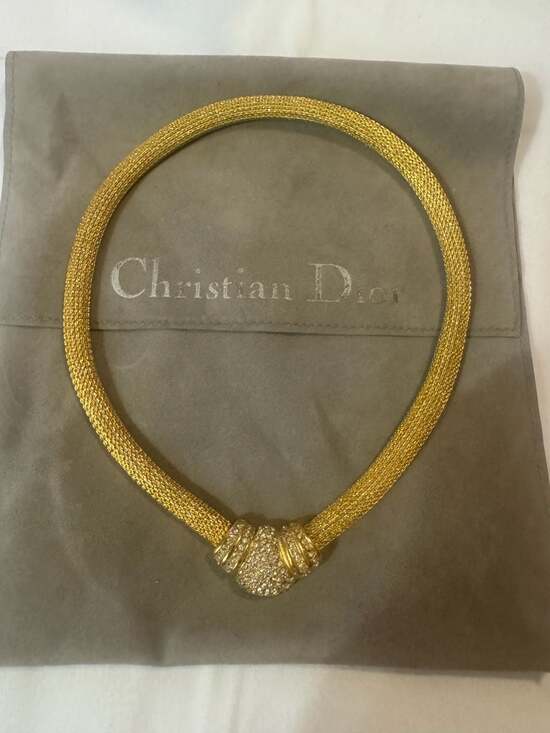 Christian Dior Jewelry - Vintage Christian Dior Gold Tone Mesh Choker Necklace with Rhinestone Centerpiec